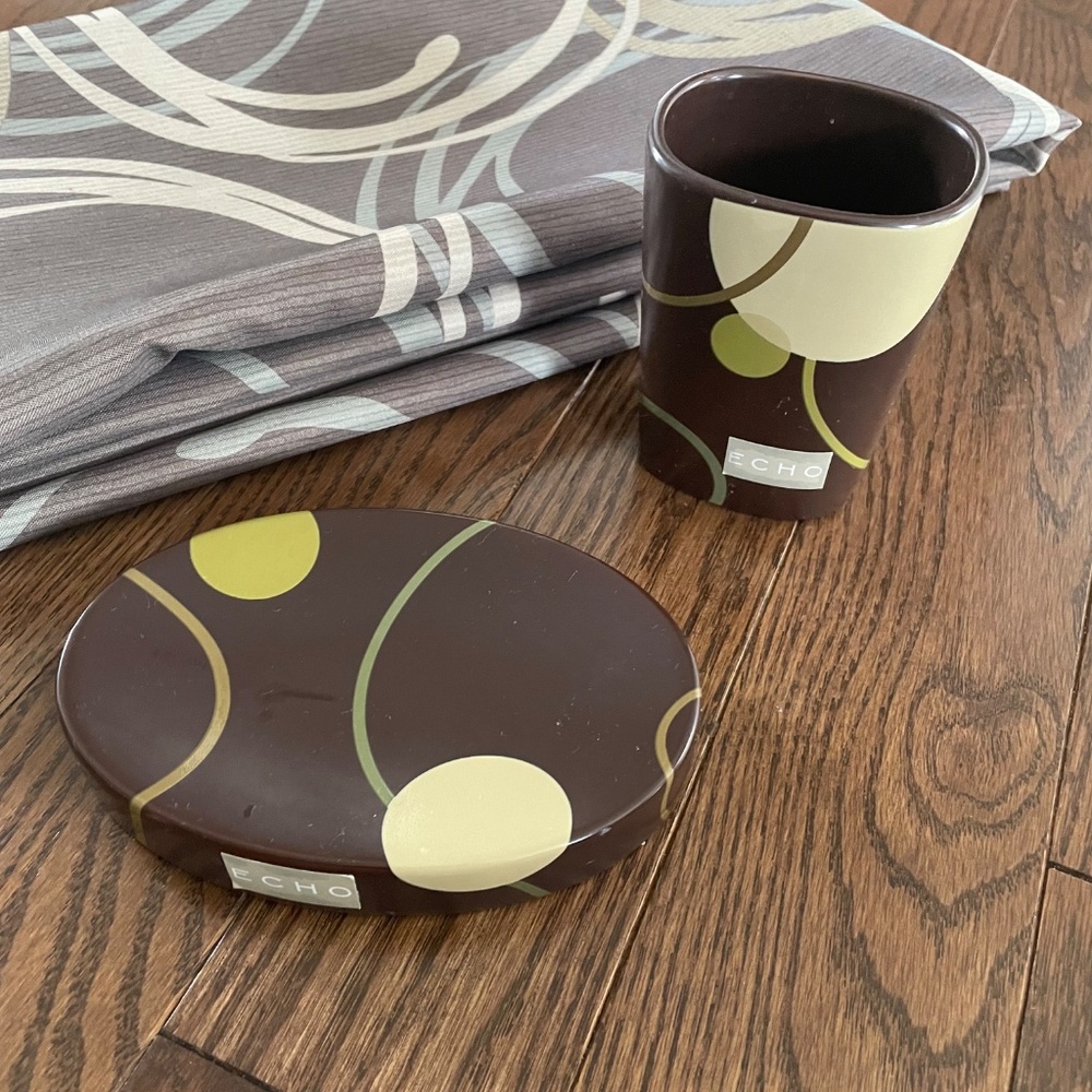 Shower curtain with matching soap dish and water glass